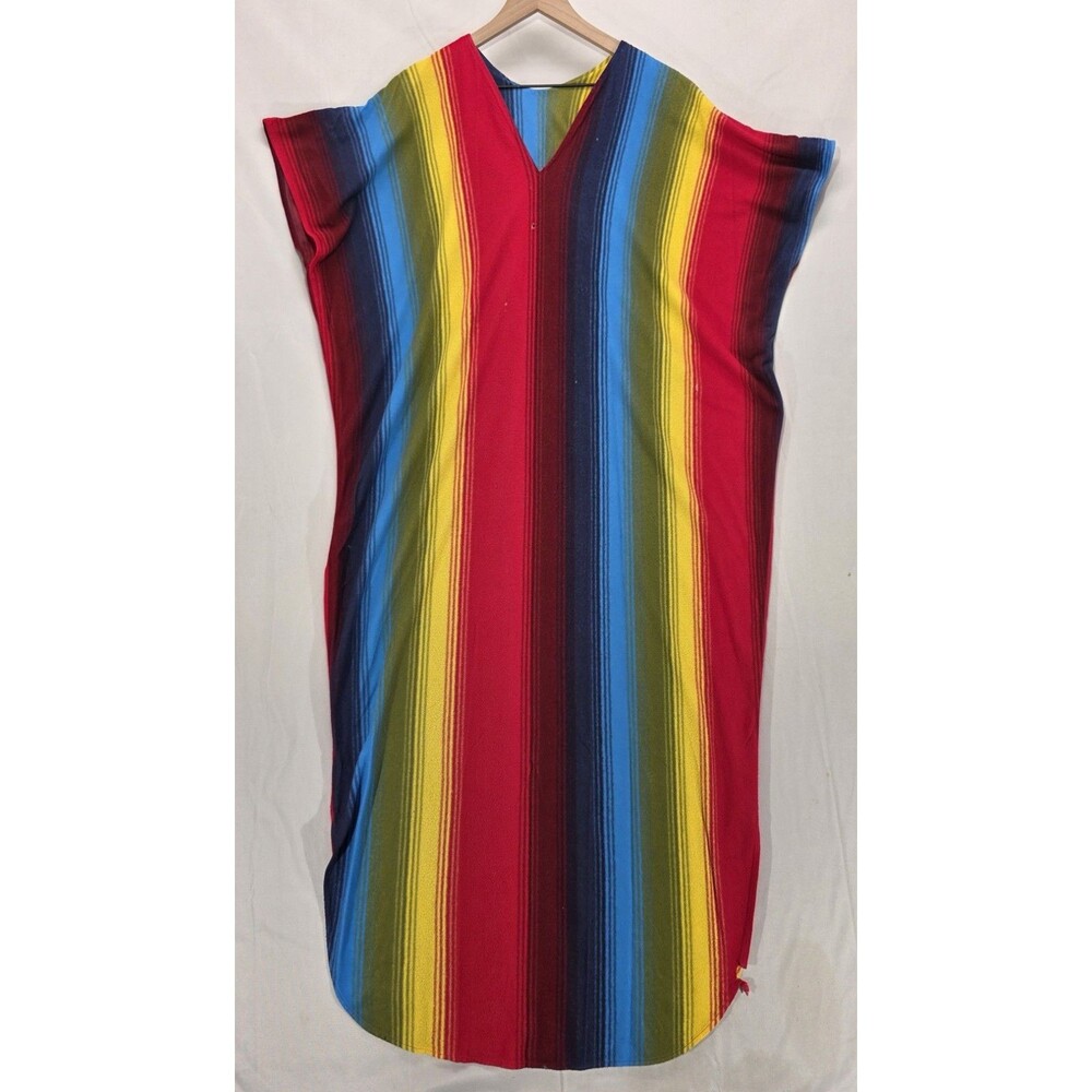 Vtg 1970s Rainbow Striped Terrycloth Kaftan Serape Poncho Coverup Festival 12/14